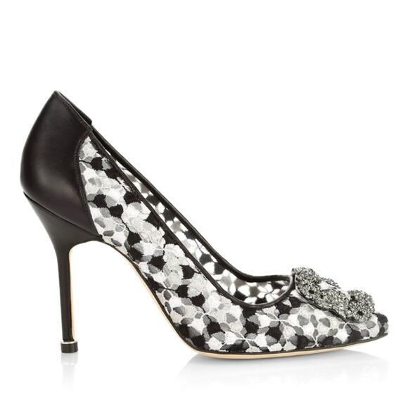 NIB$1095 Manolo Blahnik Hangisi 105 Satin Lace Embellished Jewel Pumps 36.5 6.5 - Picture 2 of 15
